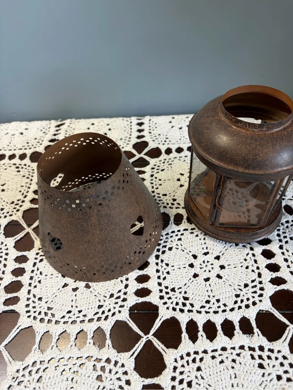 Rust-Tone Heart Cutout Hurricane Style Hinged Glass Table Lantern Candle Holder